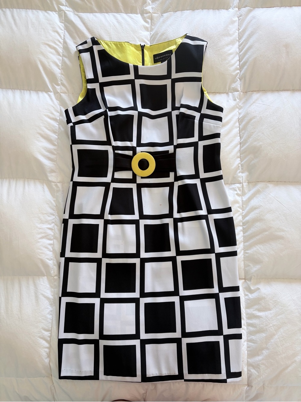 connected apparel Black and White Grid Sheath Dress with Yellow Accent